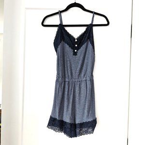 Gilly Hicks Blue/Light blue Stripes Romper Pajamas 1 Piece Lace Hem